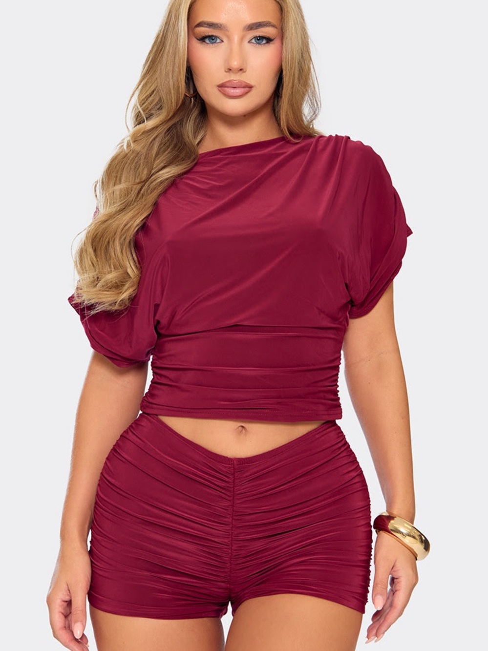 Off the Shoulder Ruched 2 piece set in Wine Red - Picture 2 of 6